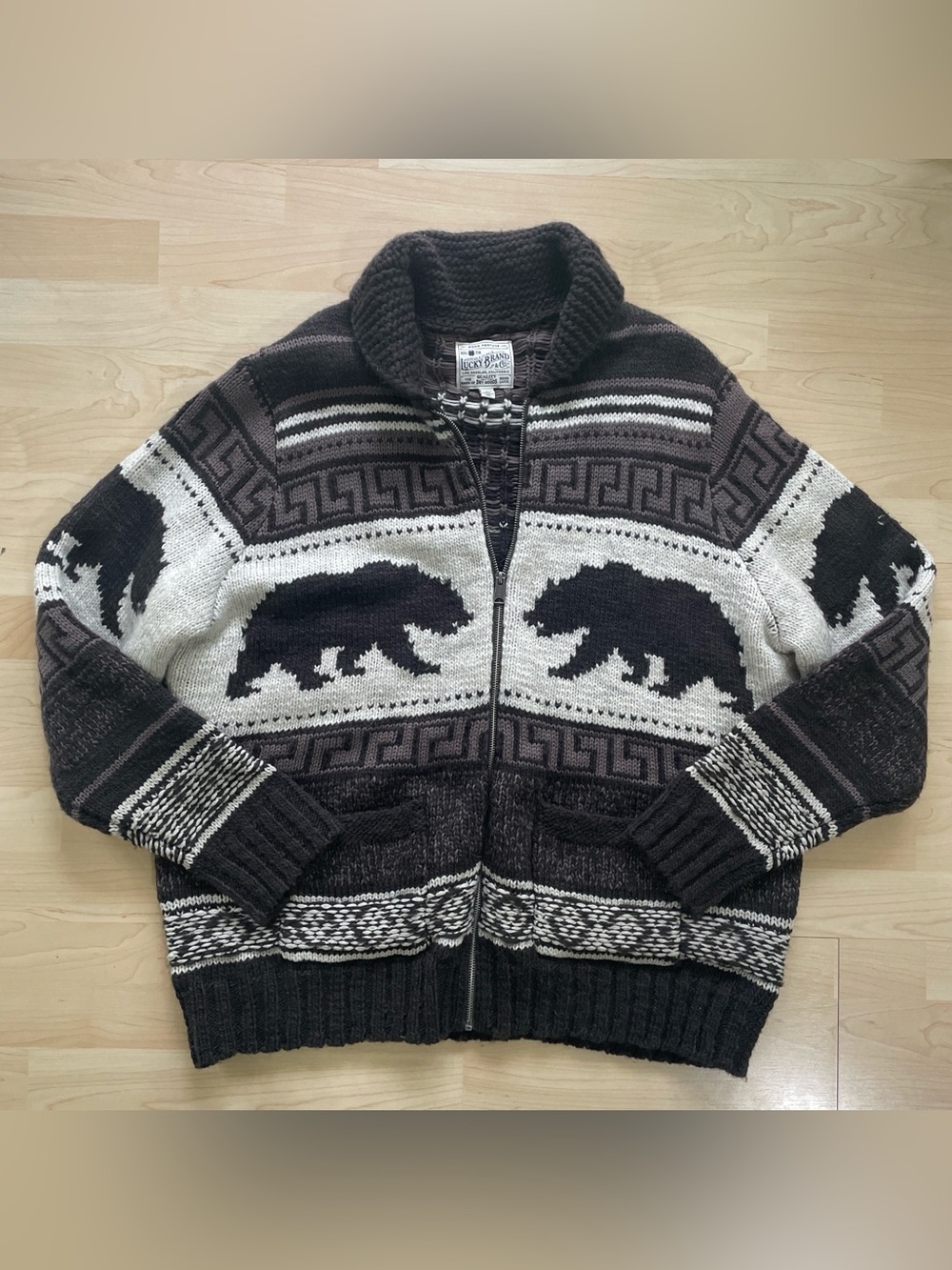 Lucky Brand Men’s Black & Cream Bear Zip Cardigan